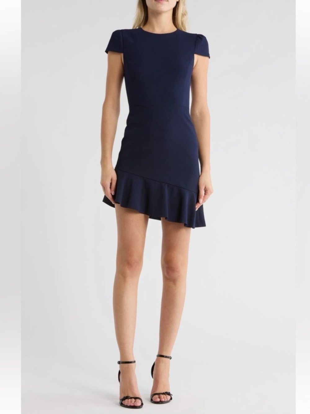 Alice + Olivia Fable Cap Sleeve Navy Blue Asymmetric Ruffle Mini Dress Sz 8 NWOT